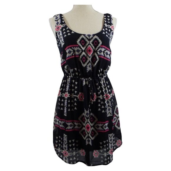 BeBop Slip Lined Elastic Waist Round Neck Sleeveless Aztec Print Dress - Small - Picture 3 of 12